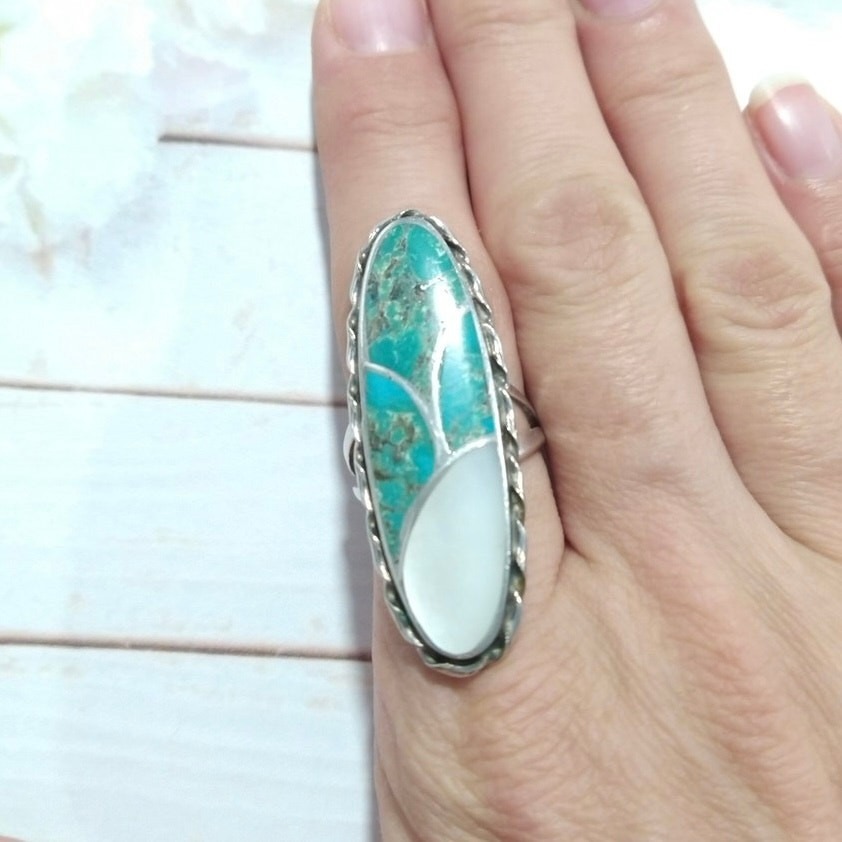 N.Lee Navajo Turquoise Ring Sterling Silver 925 Mother Of Pearl Native Designer